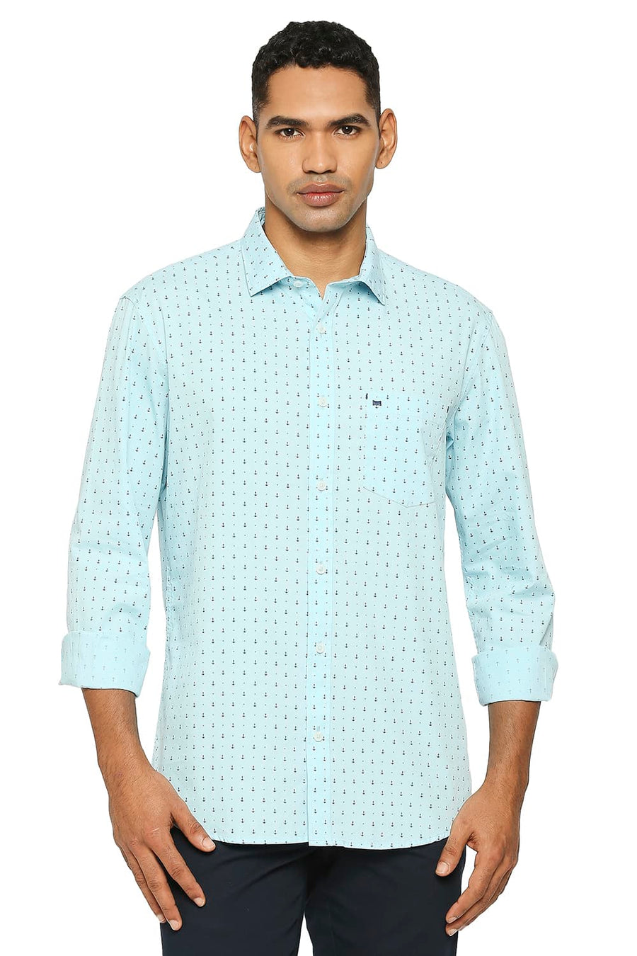 BASICS SLIM FIT AQUATIC BLUE COTTON POPLIN PRINTED SHIRT