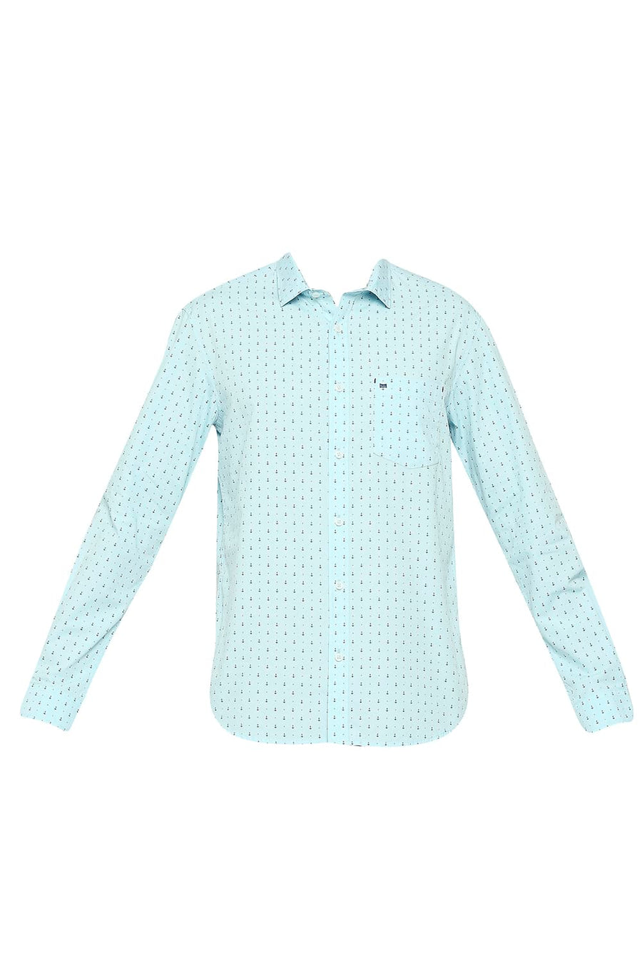 BASICS SLIM FIT AQUATIC BLUE COTTON POPLIN PRINTED SHIRT