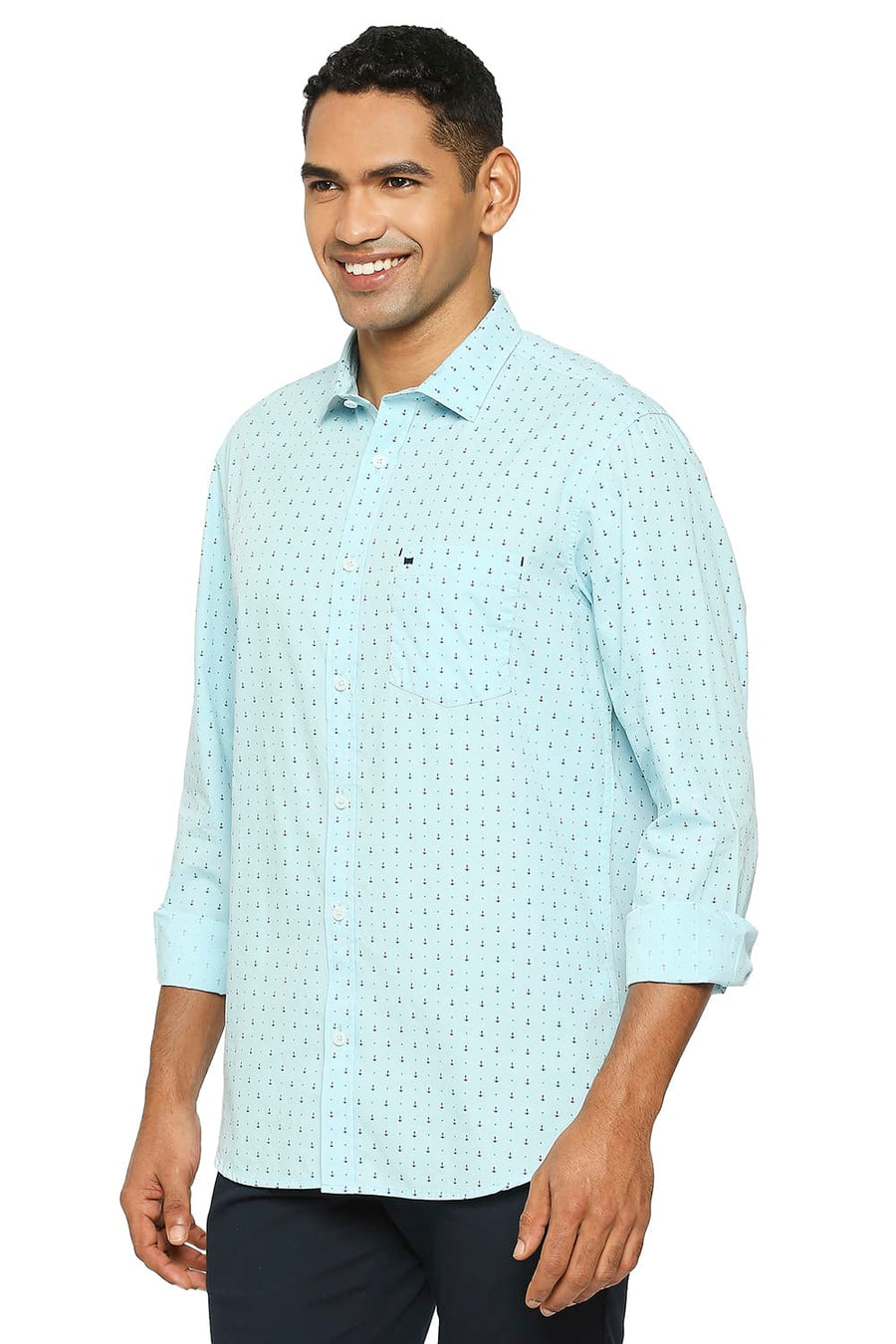 BASICS SLIM FIT AQUATIC BLUE COTTON POPLIN PRINTED SHIRT