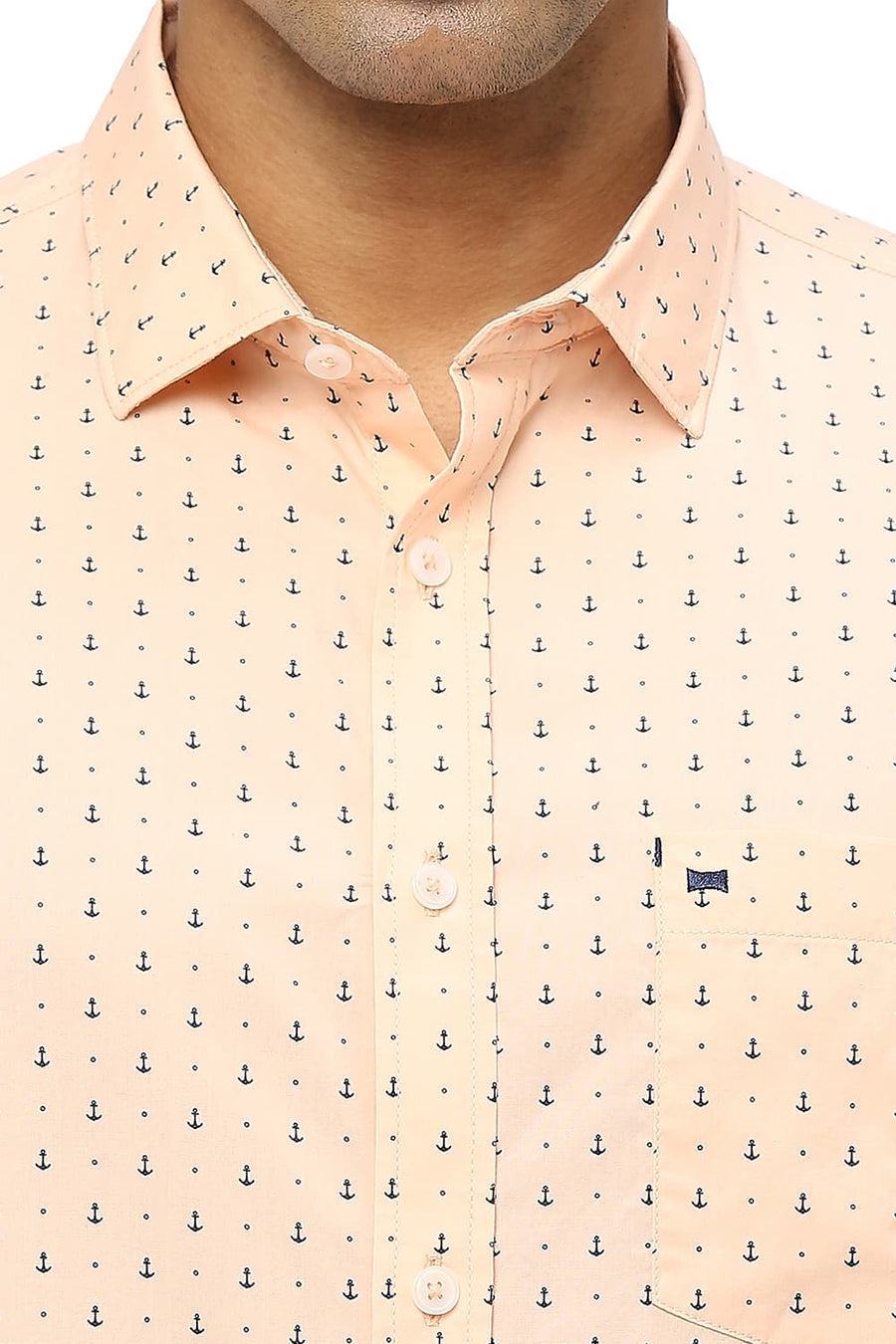 BASICS SLIM FIT PEACH DUST COTTON POPLIN PRINTED SHIRT