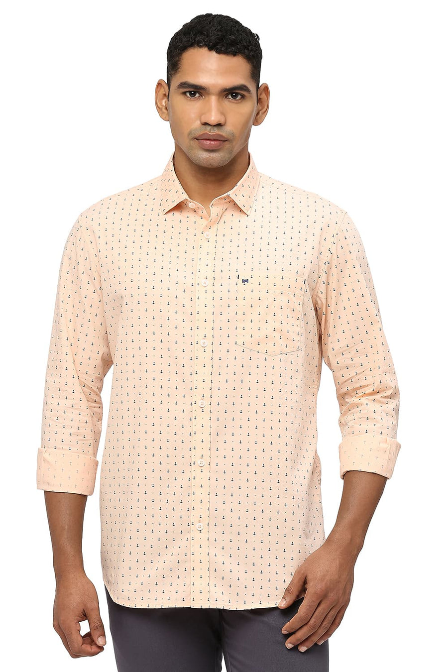 BASICS SLIM FIT PEACH DUST COTTON POPLIN PRINTED SHIRT