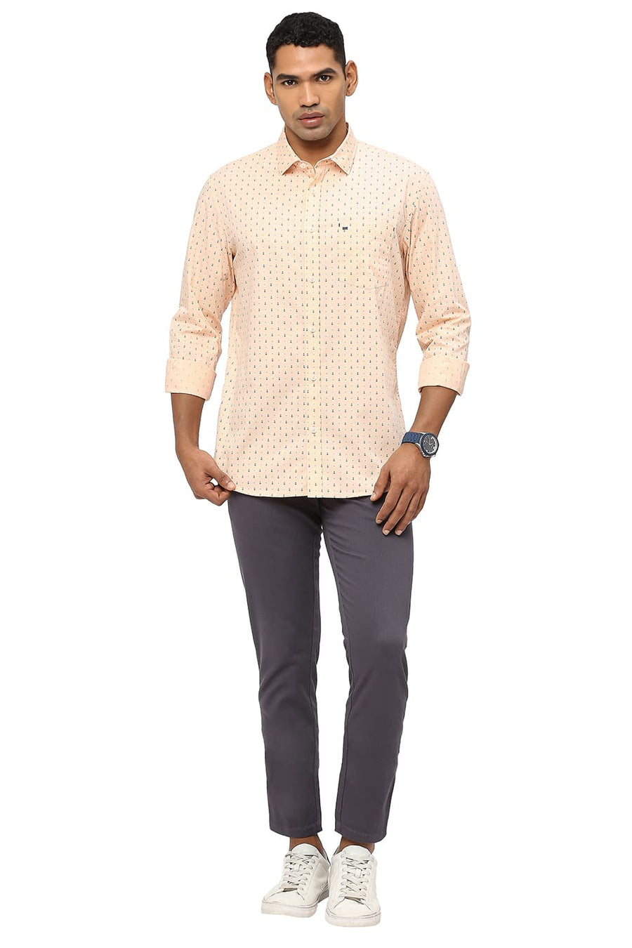 BASICS SLIM FIT PEACH DUST COTTON POPLIN PRINTED SHIRT