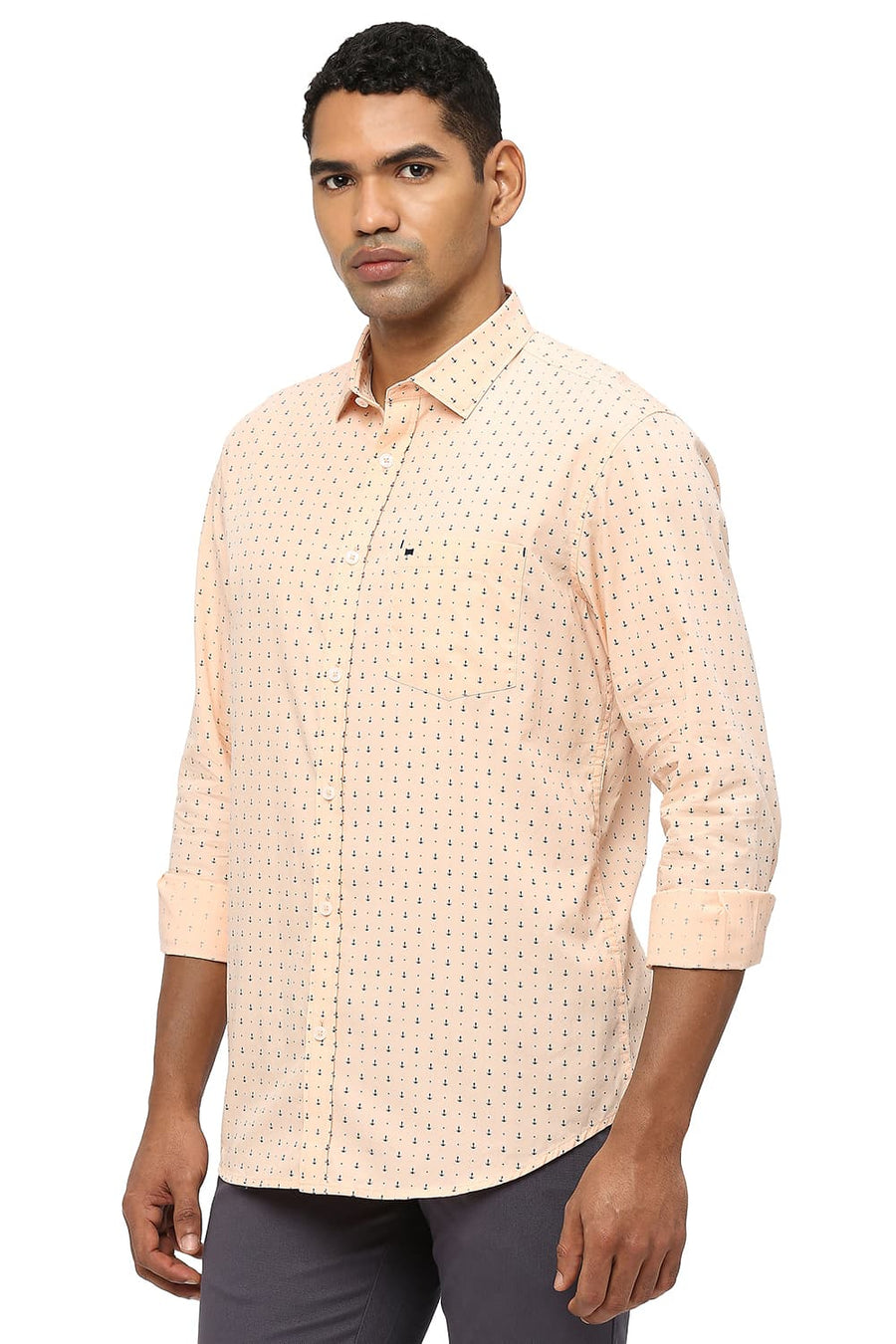 BASICS SLIM FIT PEACH DUST COTTON POPLIN PRINTED SHIRT
