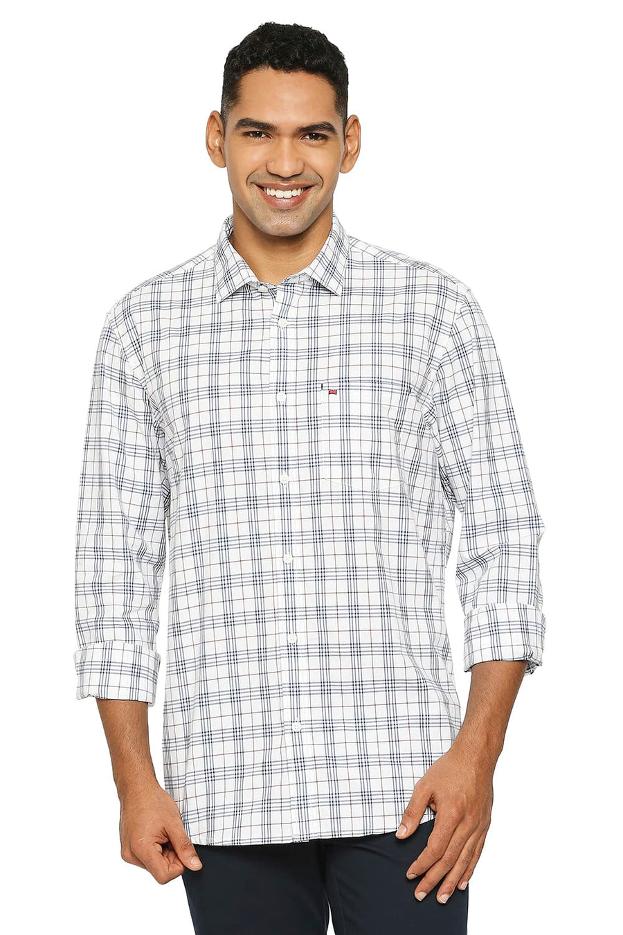 BASICS SLIM FIT CLOUD WHITE COTTON CHECKS SHIRT