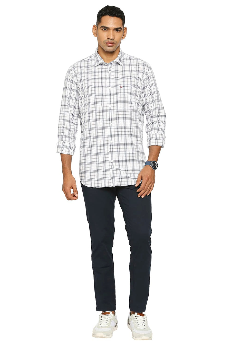 BASICS SLIM FIT CLOUD WHITE COTTON CHECKS SHIRT