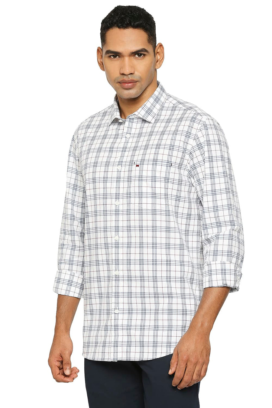 BASICS SLIM FIT CLOUD WHITE COTTON CHECKS SHIRT