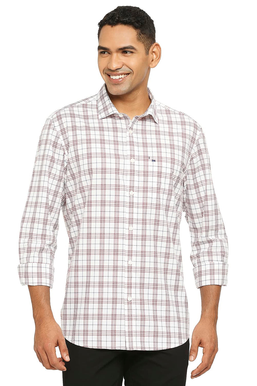 BASICS SLIM FIT DAHLIA RED COTTON CHECKS SHIRT