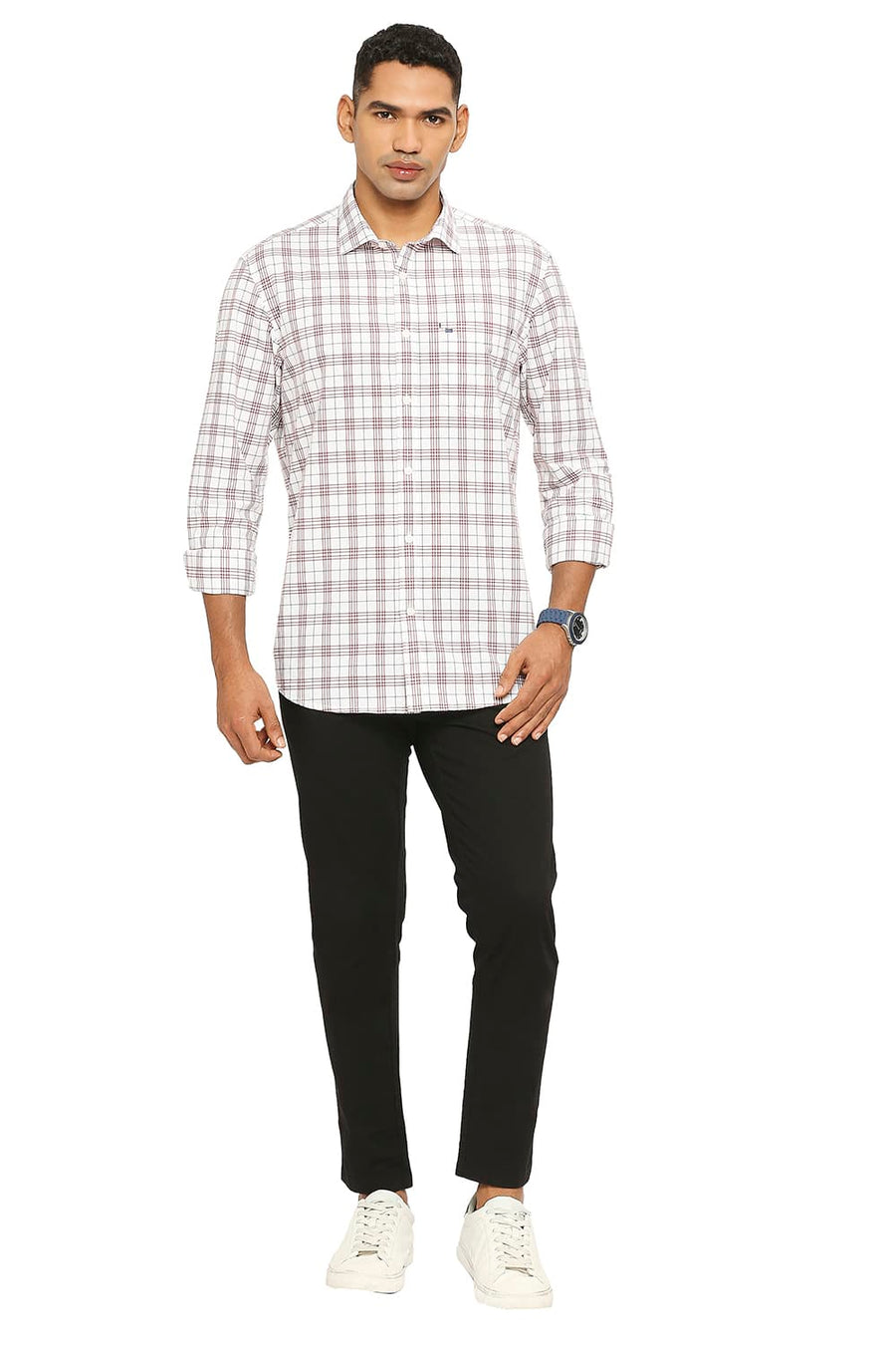 BASICS SLIM FIT DAHLIA RED COTTON CHECKS SHIRT