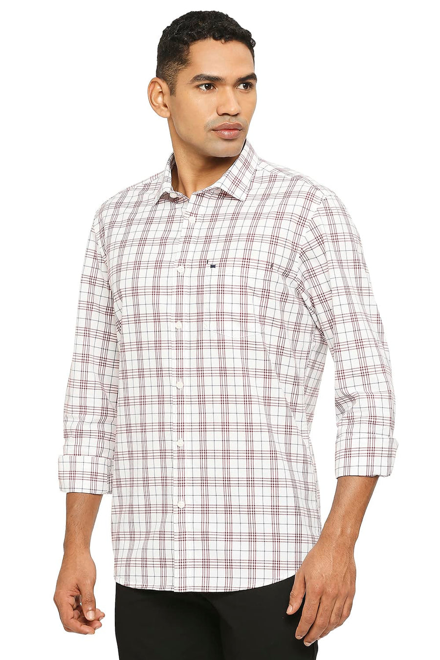 BASICS SLIM FIT DAHLIA RED COTTON CHECKS SHIRT