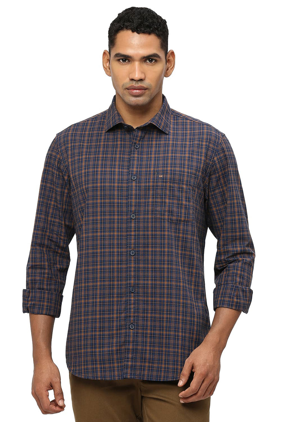 BASICS SLIM FIT SEQUOIA KHAKI COTTON CHECKS SHIRT