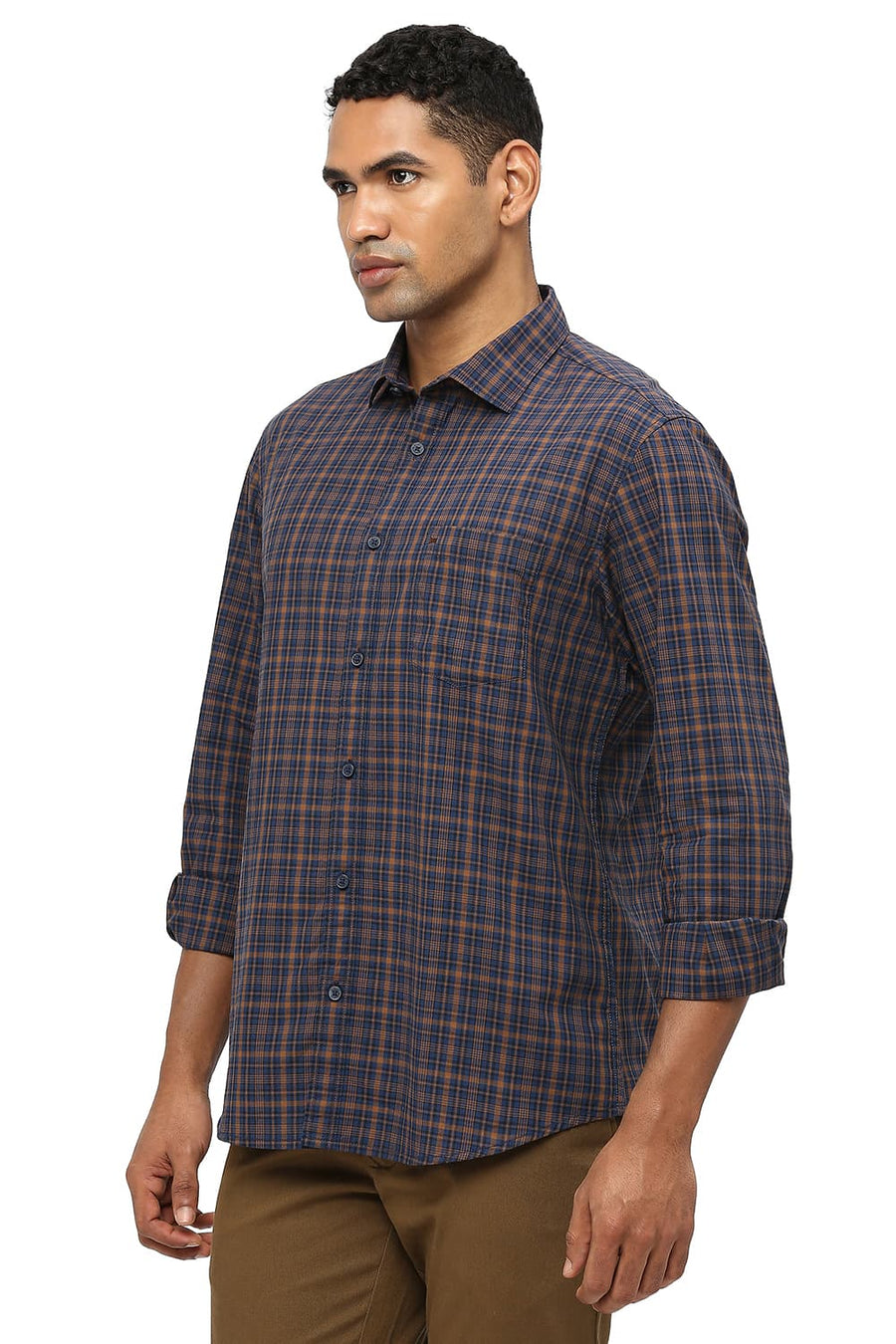 BASICS SLIM FIT SEQUOIA KHAKI COTTON CHECKS SHIRT