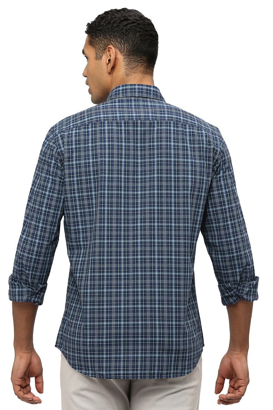 BASICS SLIM FIT GUNMETAL GREY COTTON CHECKS SHIRT