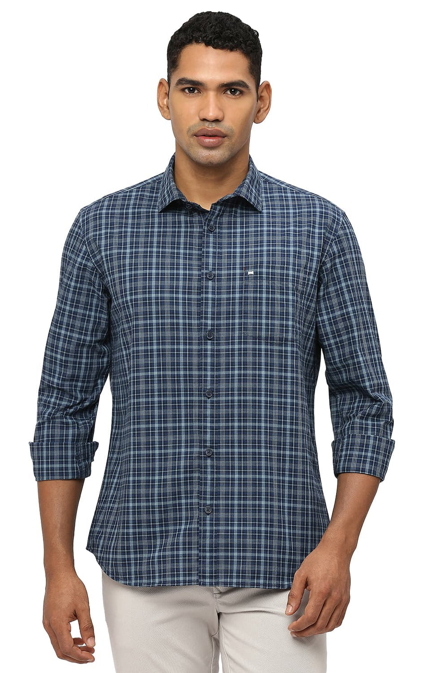 BASICS SLIM FIT GUNMETAL GREY COTTON CHECKS SHIRT