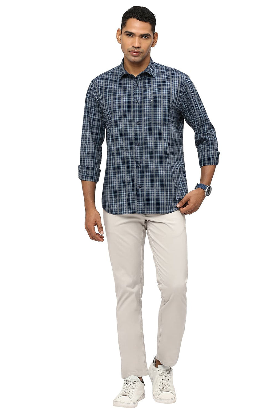 BASICS SLIM FIT GUNMETAL GREY COTTON CHECKS SHIRT