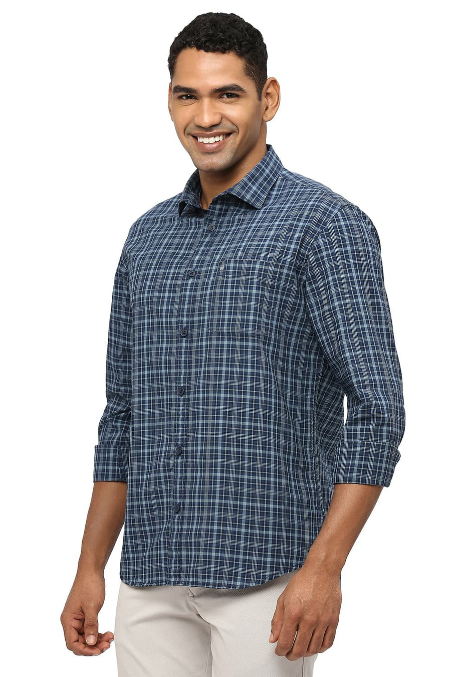 BASICS SLIM FIT GUNMETAL GREY COTTON CHECKS SHIRT