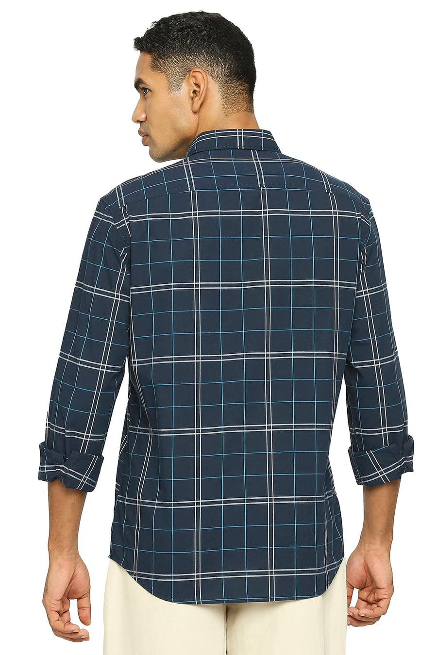 BASICS SLIM FIT SAPPHIRE NAVY COTTON CHECKS SHIRT