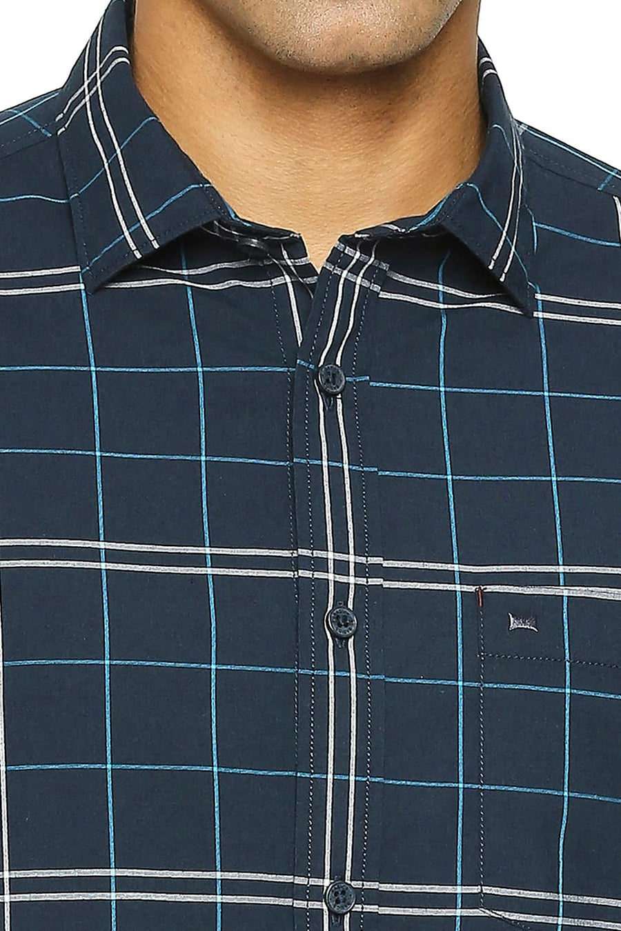 BASICS SLIM FIT SAPPHIRE NAVY COTTON CHECKS SHIRT