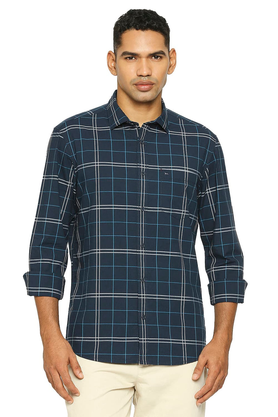 BASICS SLIM FIT SAPPHIRE NAVY COTTON CHECKS SHIRT