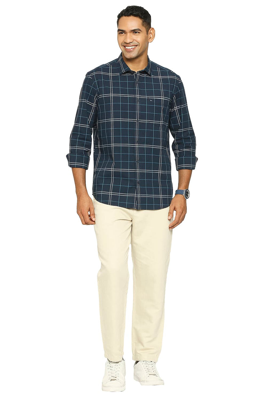 BASICS SLIM FIT SAPPHIRE NAVY COTTON CHECKS SHIRT
