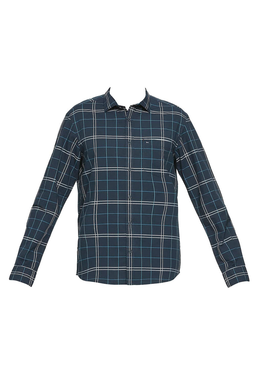 BASICS SLIM FIT SAPPHIRE NAVY COTTON CHECKS SHIRT