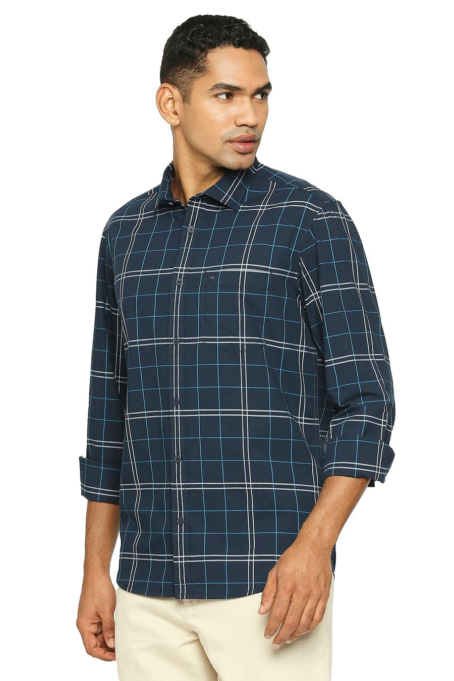 BASICS SLIM FIT SAPPHIRE NAVY COTTON CHECKS SHIRT