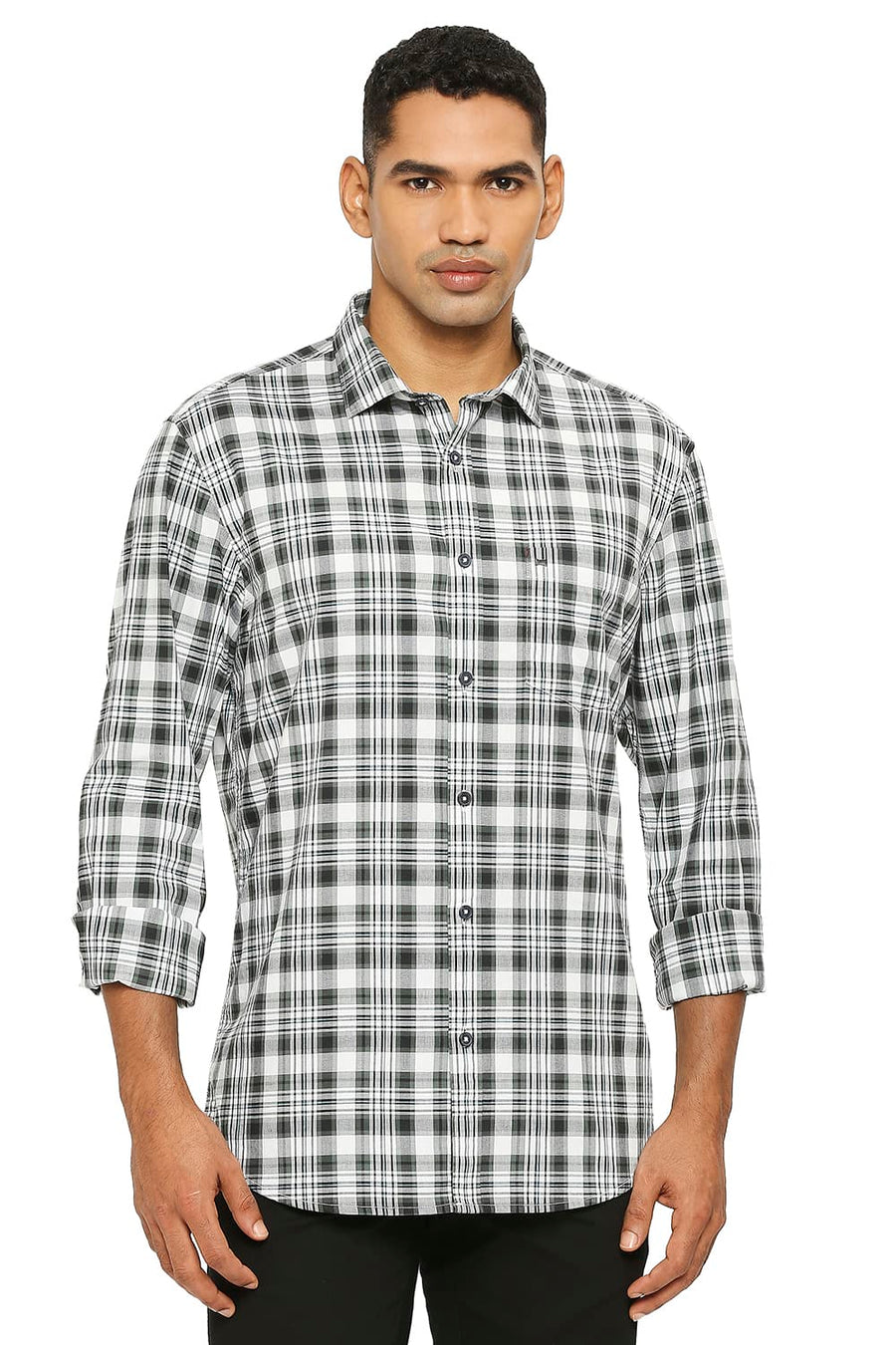 BASICS SLIM FIT BLACK SALT COTTON CHECKS SHIRT