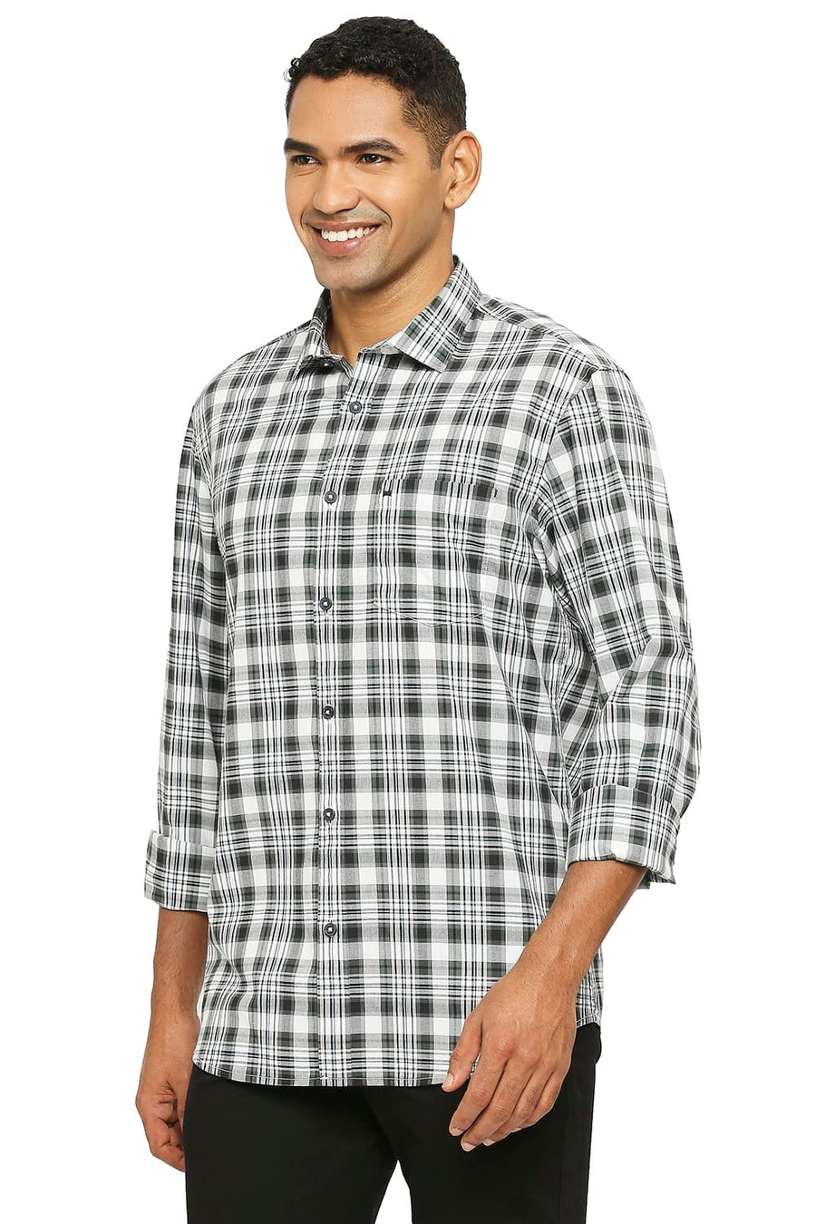 BASICS SLIM FIT BLACK SALT COTTON CHECKS SHIRT