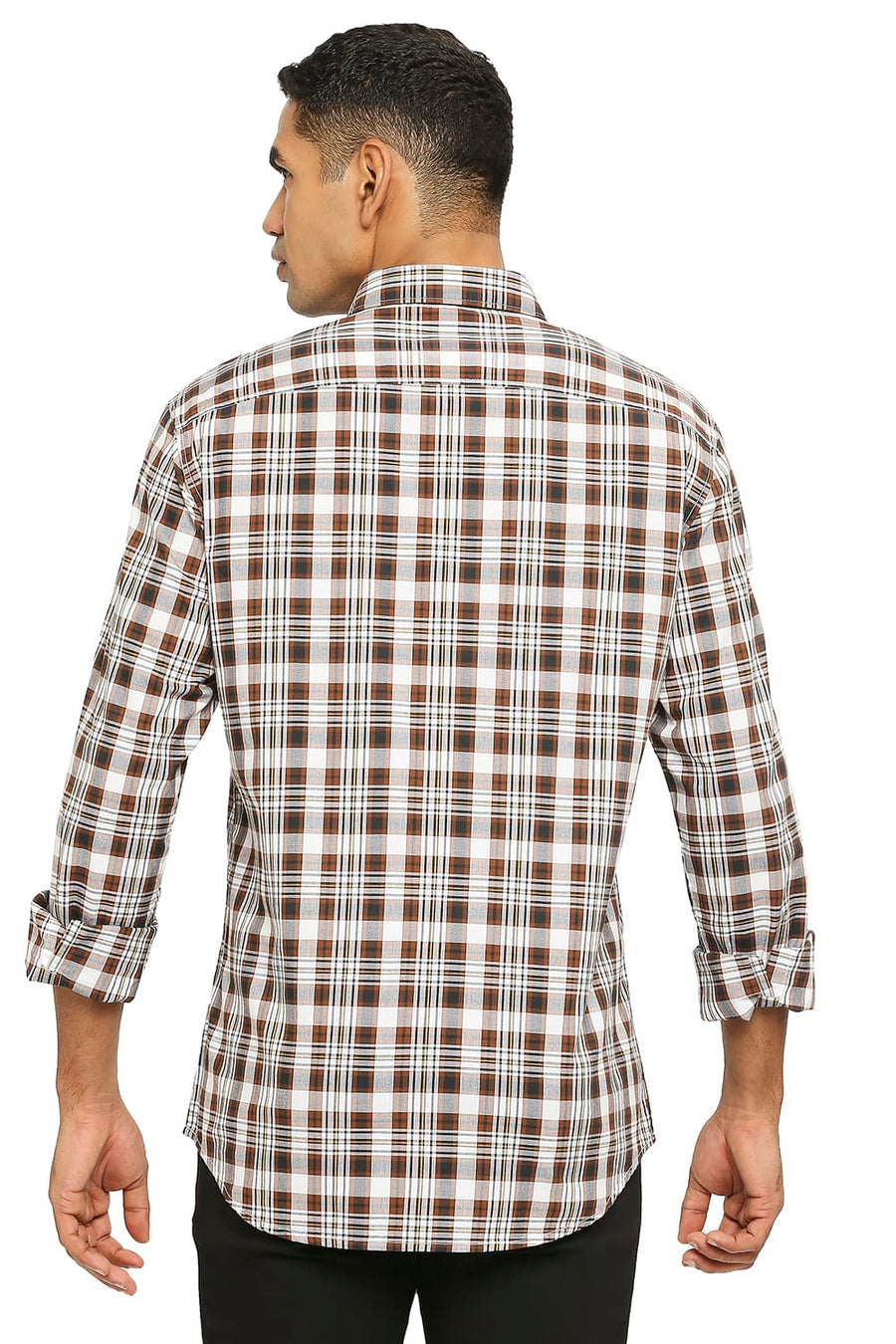 BASICS SLIM FIT FLINT BROWN COTTON CHECKS SHIRT