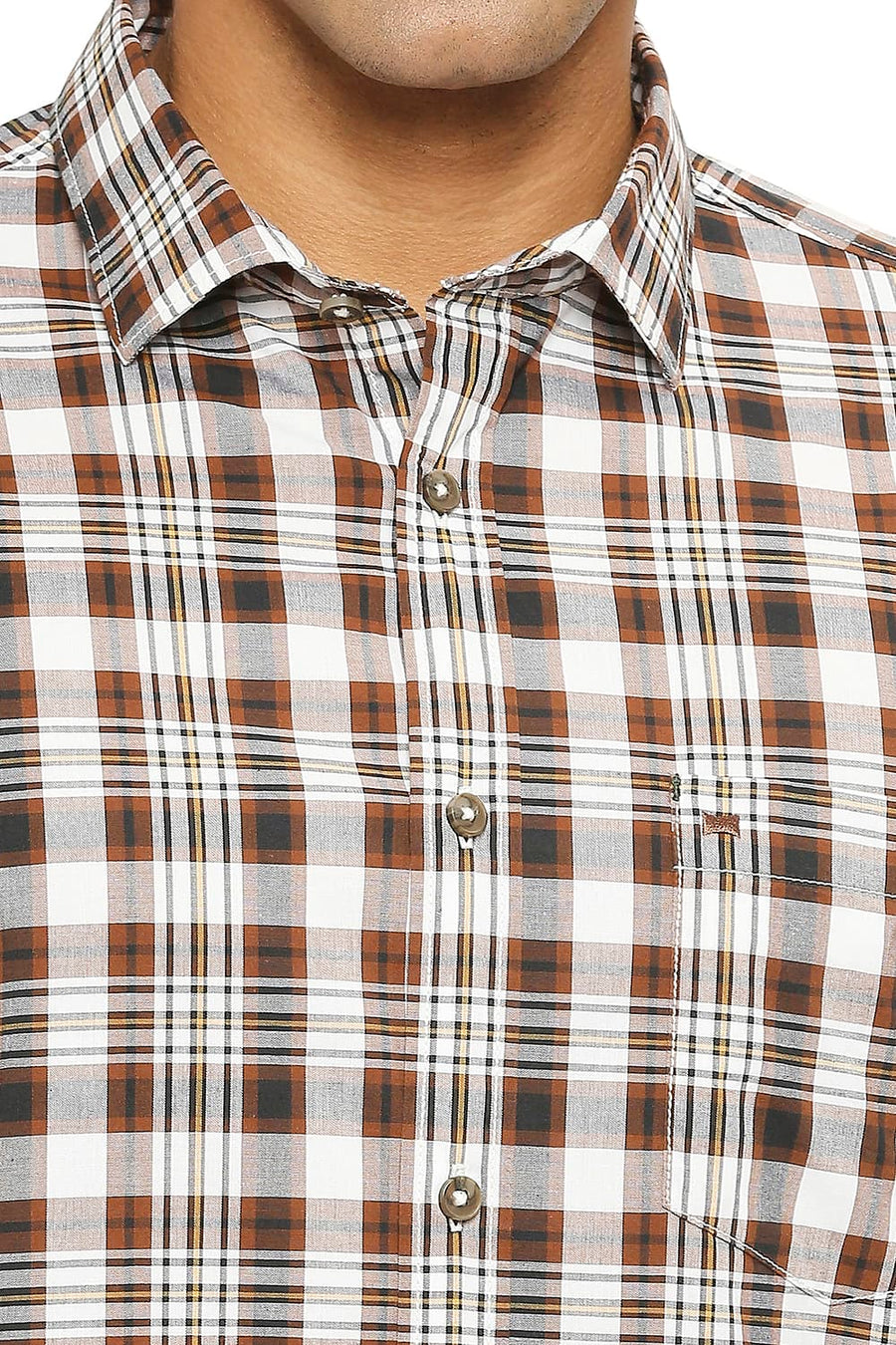BASICS SLIM FIT FLINT BROWN COTTON CHECKS SHIRT