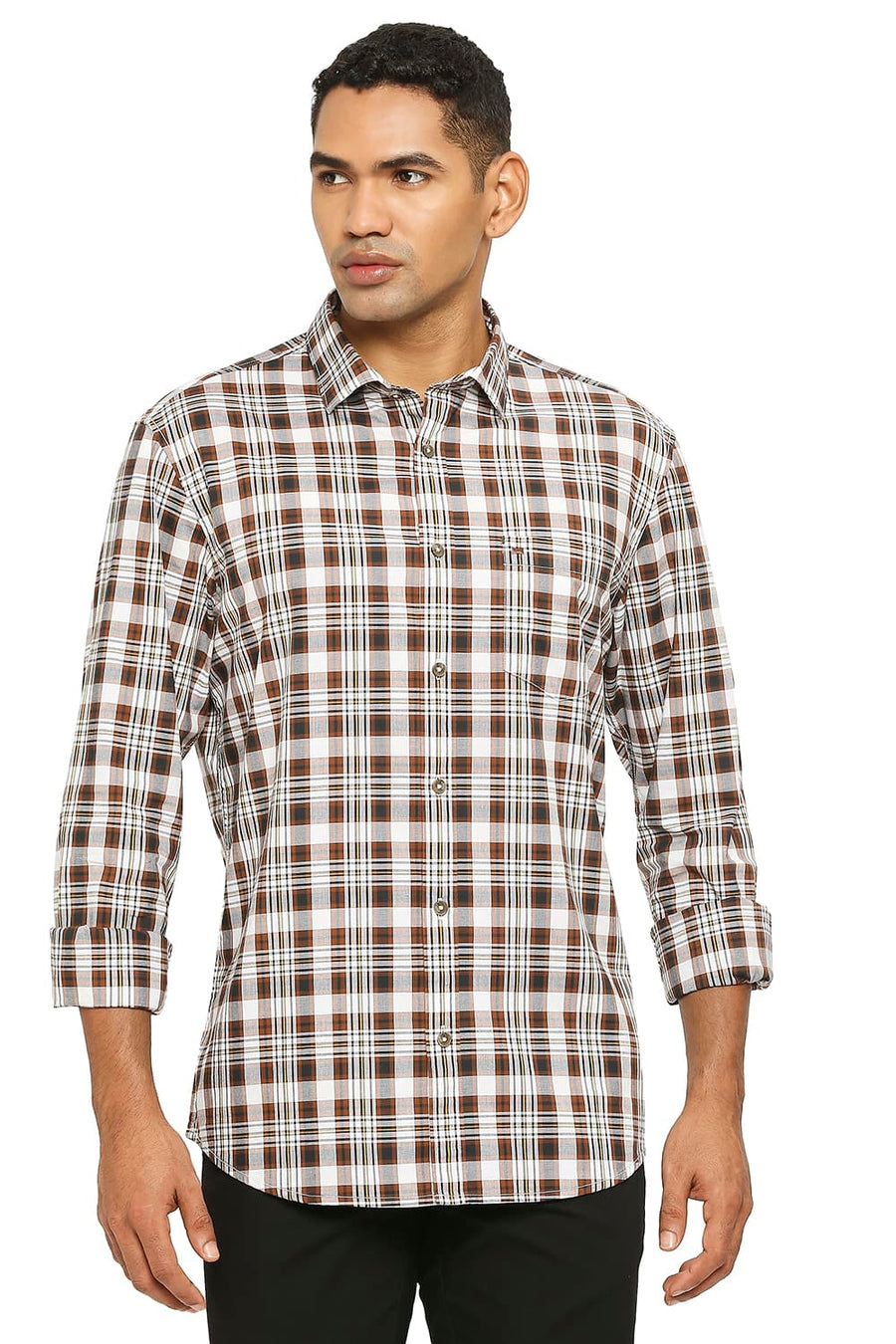 BASICS SLIM FIT FLINT BROWN COTTON CHECKS SHIRT