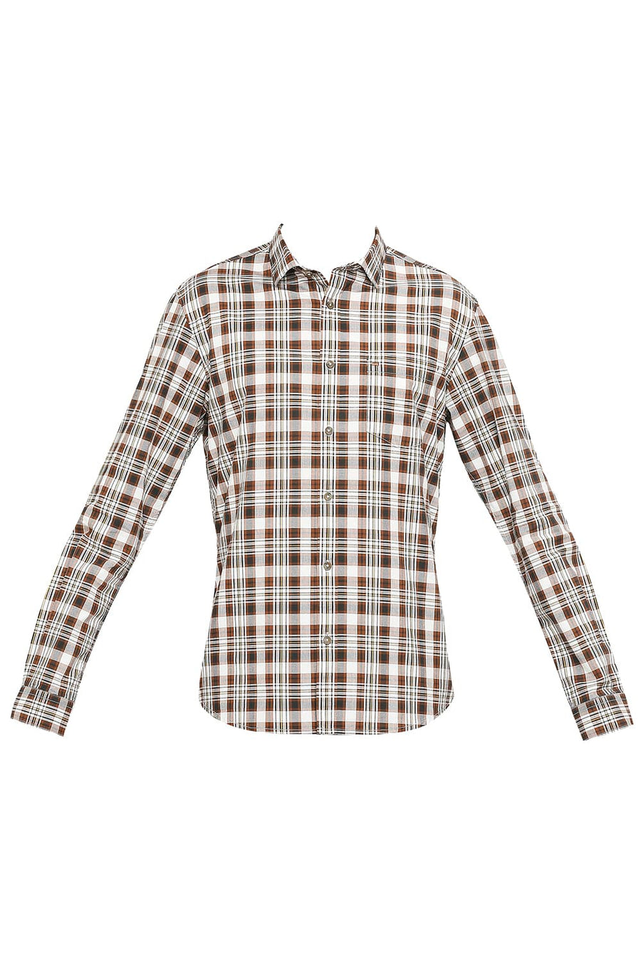 BASICS SLIM FIT FLINT BROWN COTTON CHECKS SHIRT