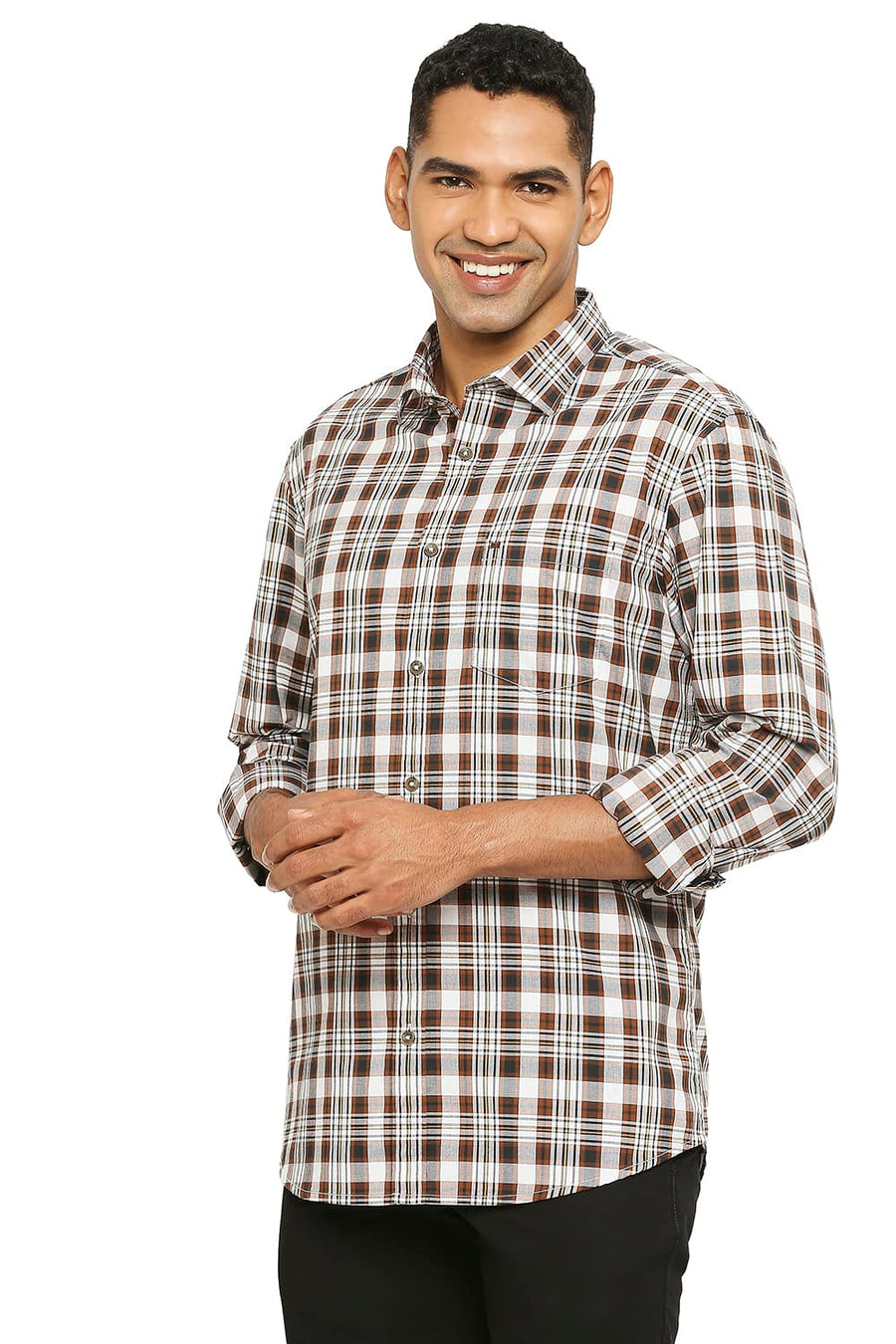BASICS SLIM FIT FLINT BROWN COTTON CHECKS SHIRT