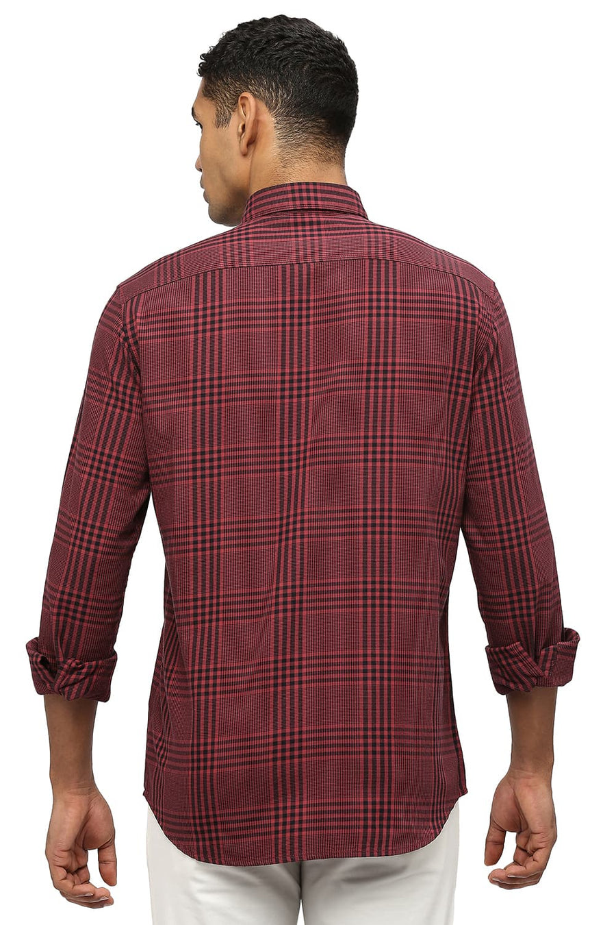 BASICS SLIM FIT EARTH RED COTTON TWILL CHECKS SHIRT