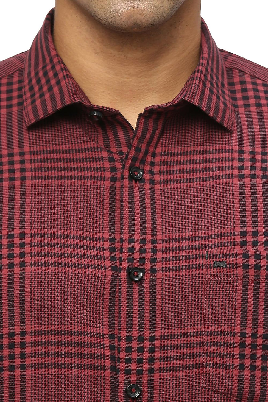 BASICS SLIM FIT EARTH RED COTTON TWILL CHECKS SHIRT
