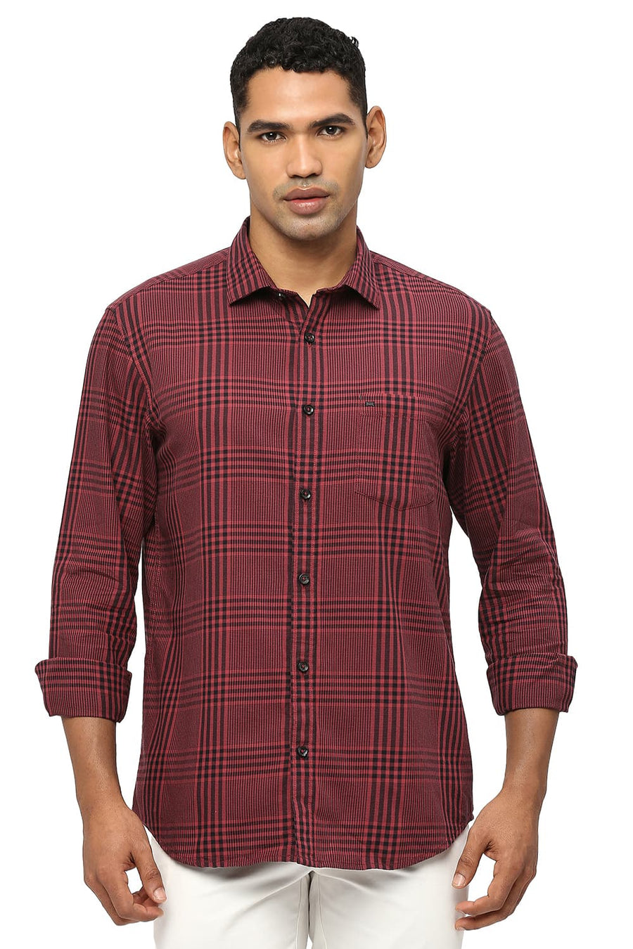 BASICS SLIM FIT EARTH RED COTTON TWILL CHECKS SHIRT
