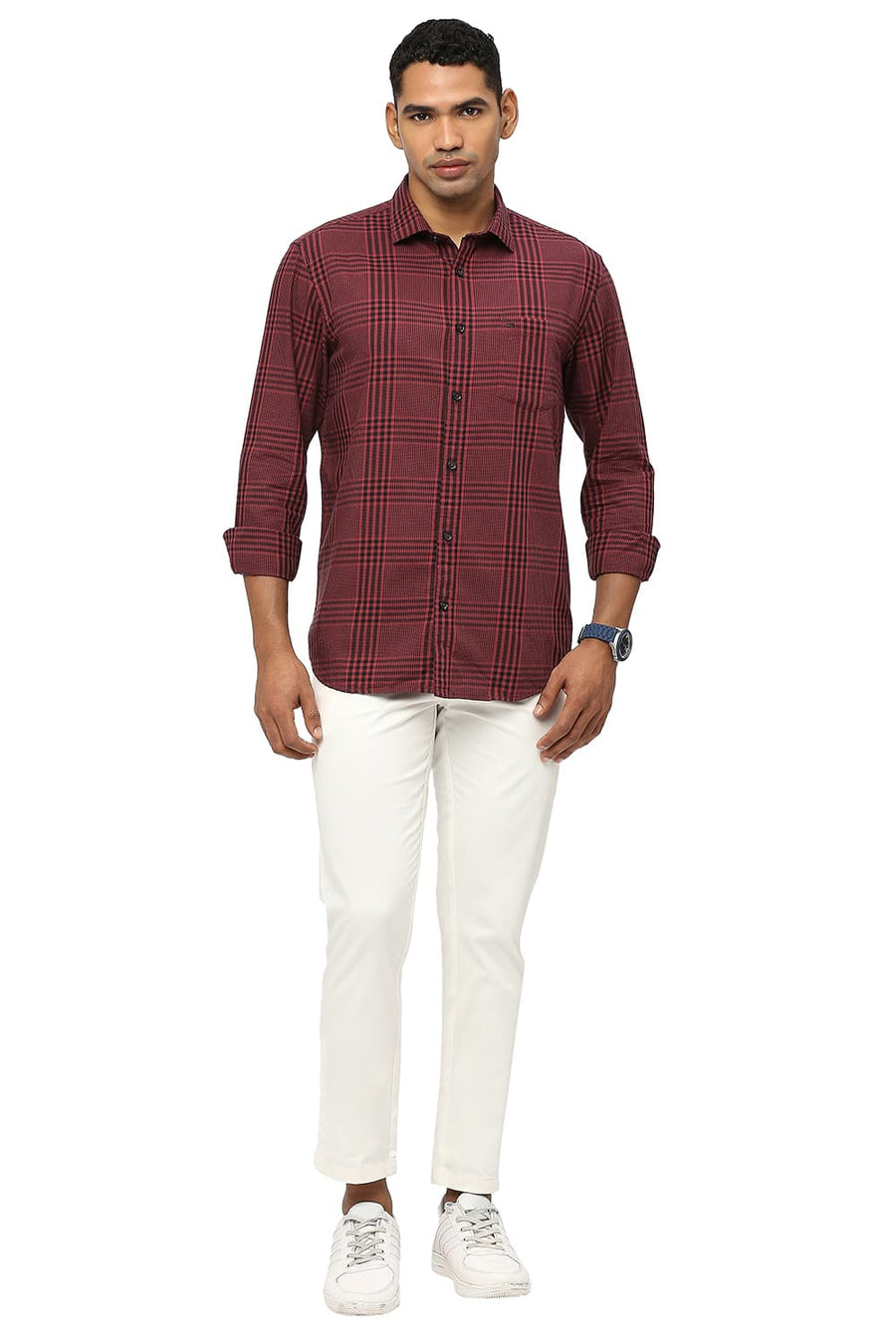 BASICS SLIM FIT EARTH RED COTTON TWILL CHECKS SHIRT