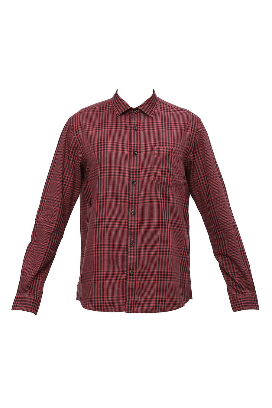 BASICS SLIM FIT EARTH RED COTTON TWILL CHECKS SHIRT