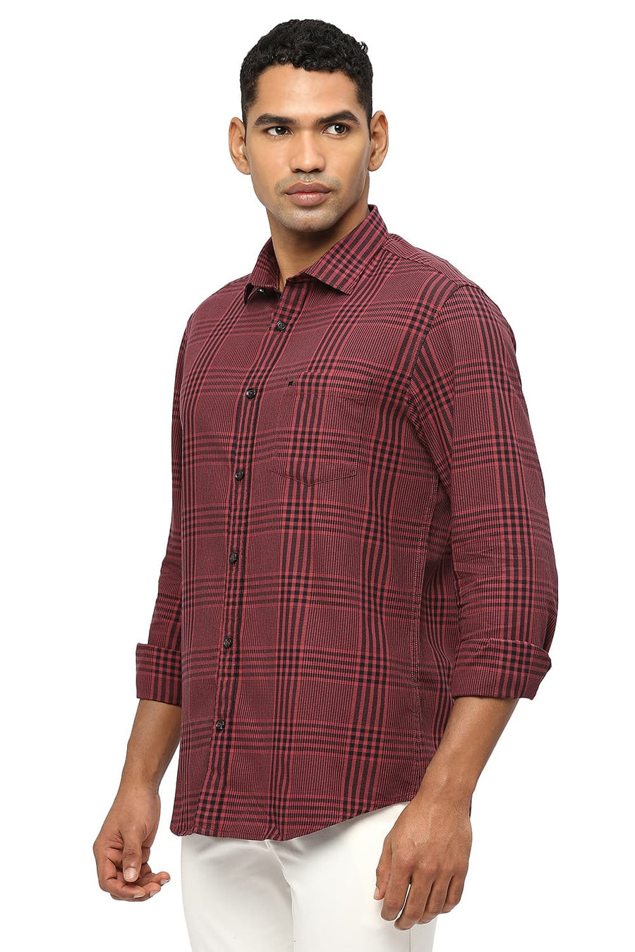 BASICS SLIM FIT EARTH RED COTTON TWILL CHECKS SHIRT