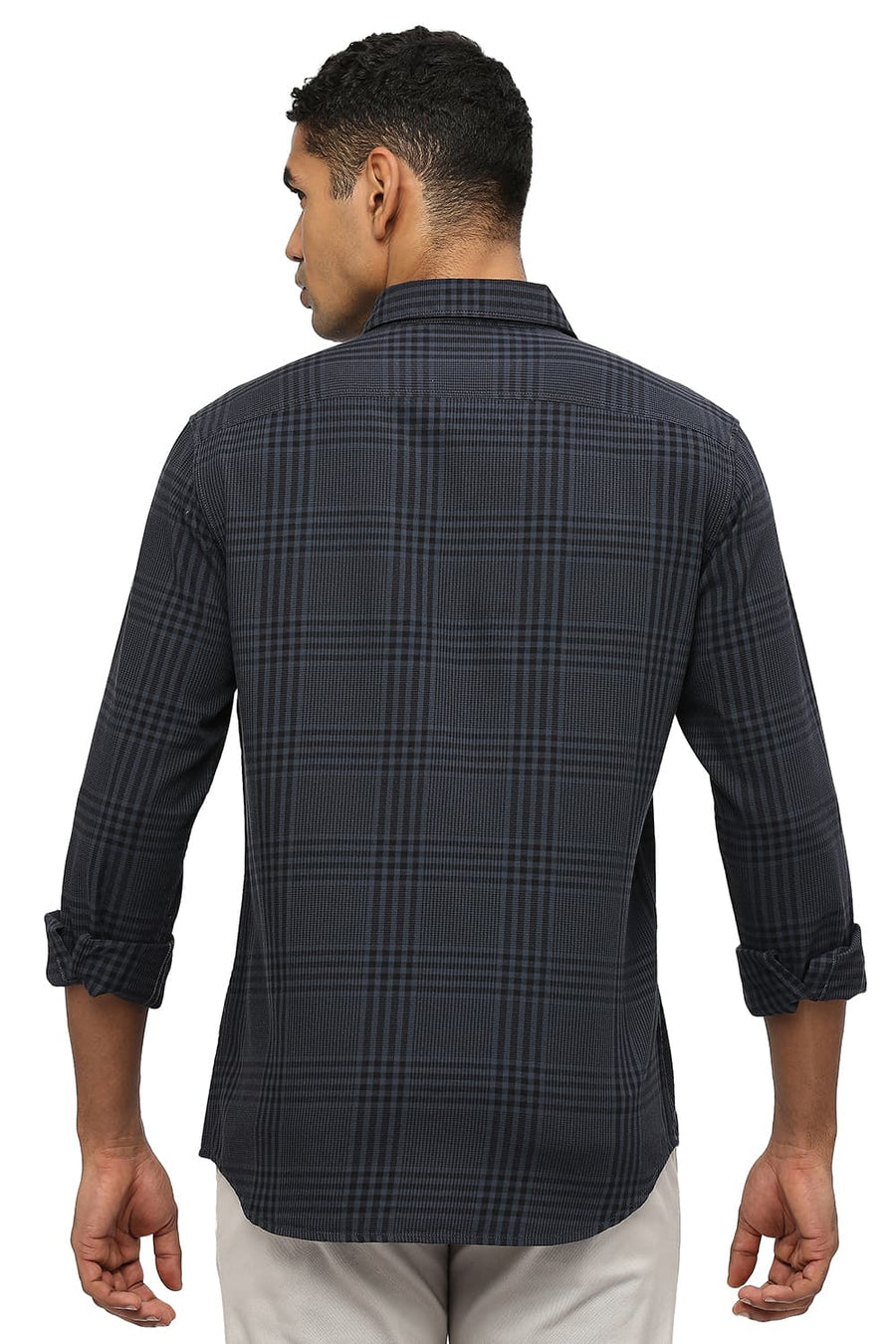 BASICS SLIM FIT JET GREY COTTON TWILL CHECKS SHIRT
