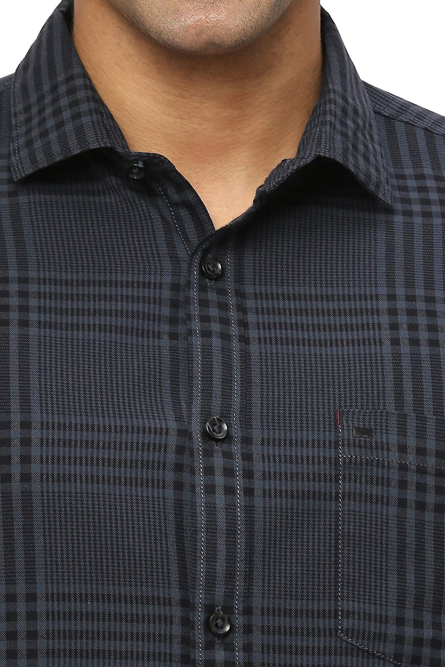 BASICS SLIM FIT JET GREY COTTON TWILL CHECKS SHIRT