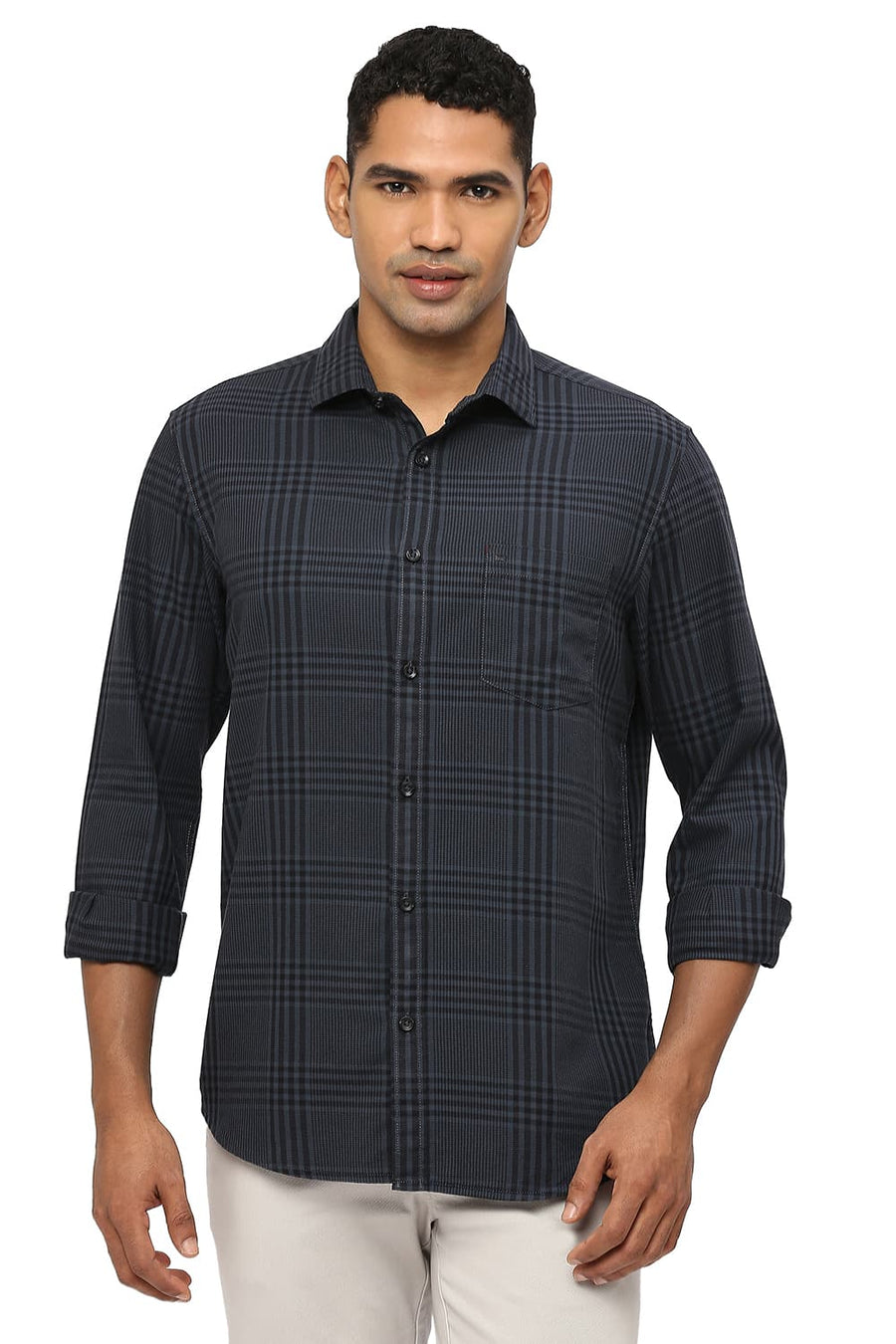 BASICS SLIM FIT JET GREY COTTON TWILL CHECKS SHIRT
