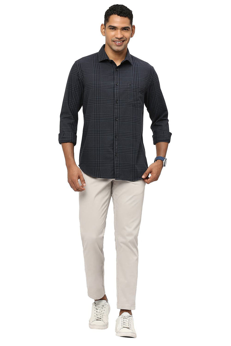 BASICS SLIM FIT JET GREY COTTON TWILL CHECKS SHIRT