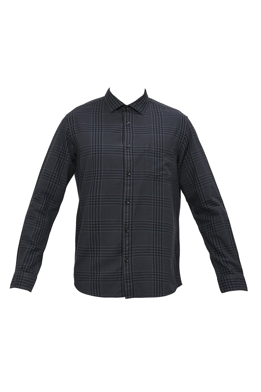 BASICS SLIM FIT JET GREY COTTON TWILL CHECKS SHIRT