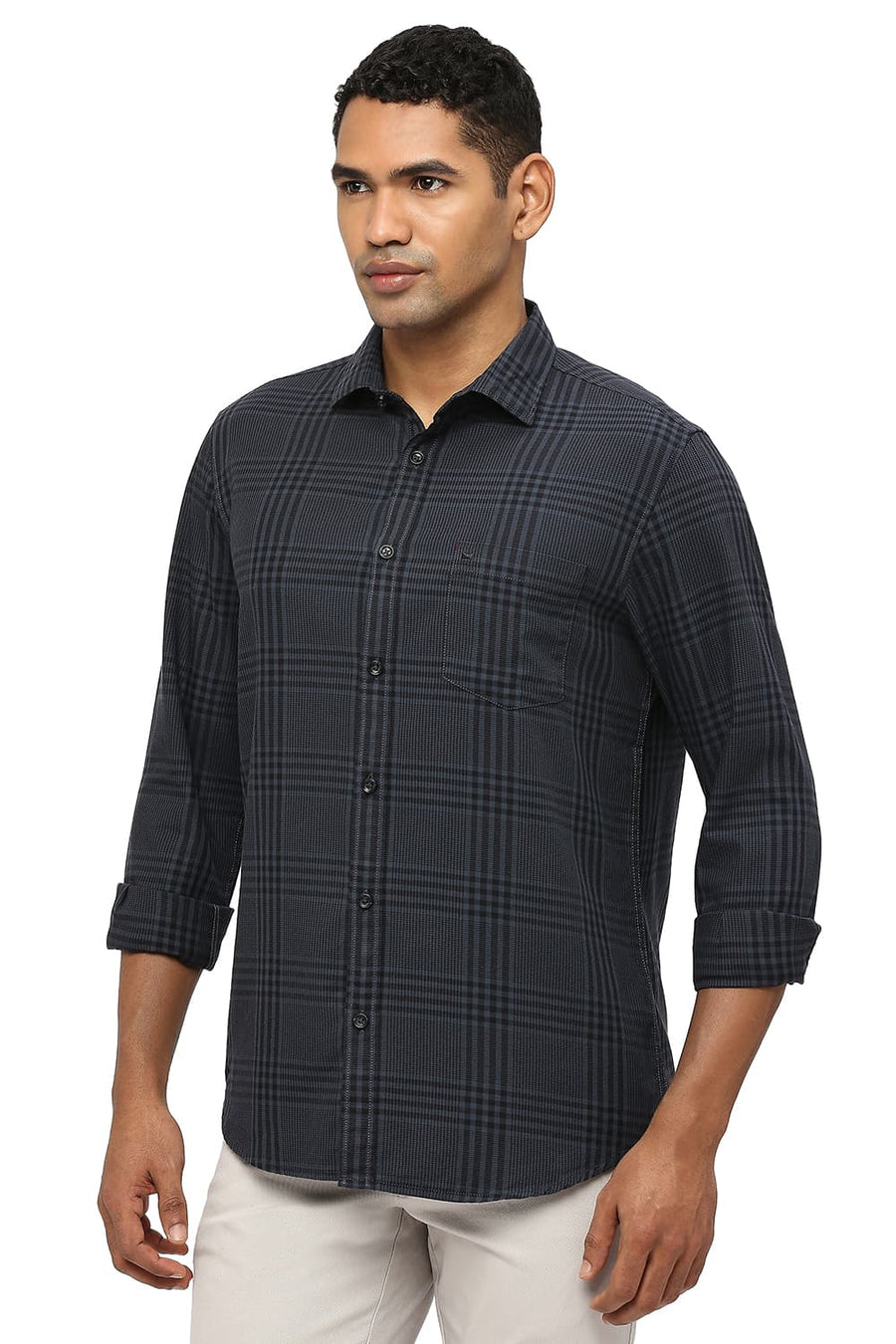 BASICS SLIM FIT JET GREY COTTON TWILL CHECKS SHIRT