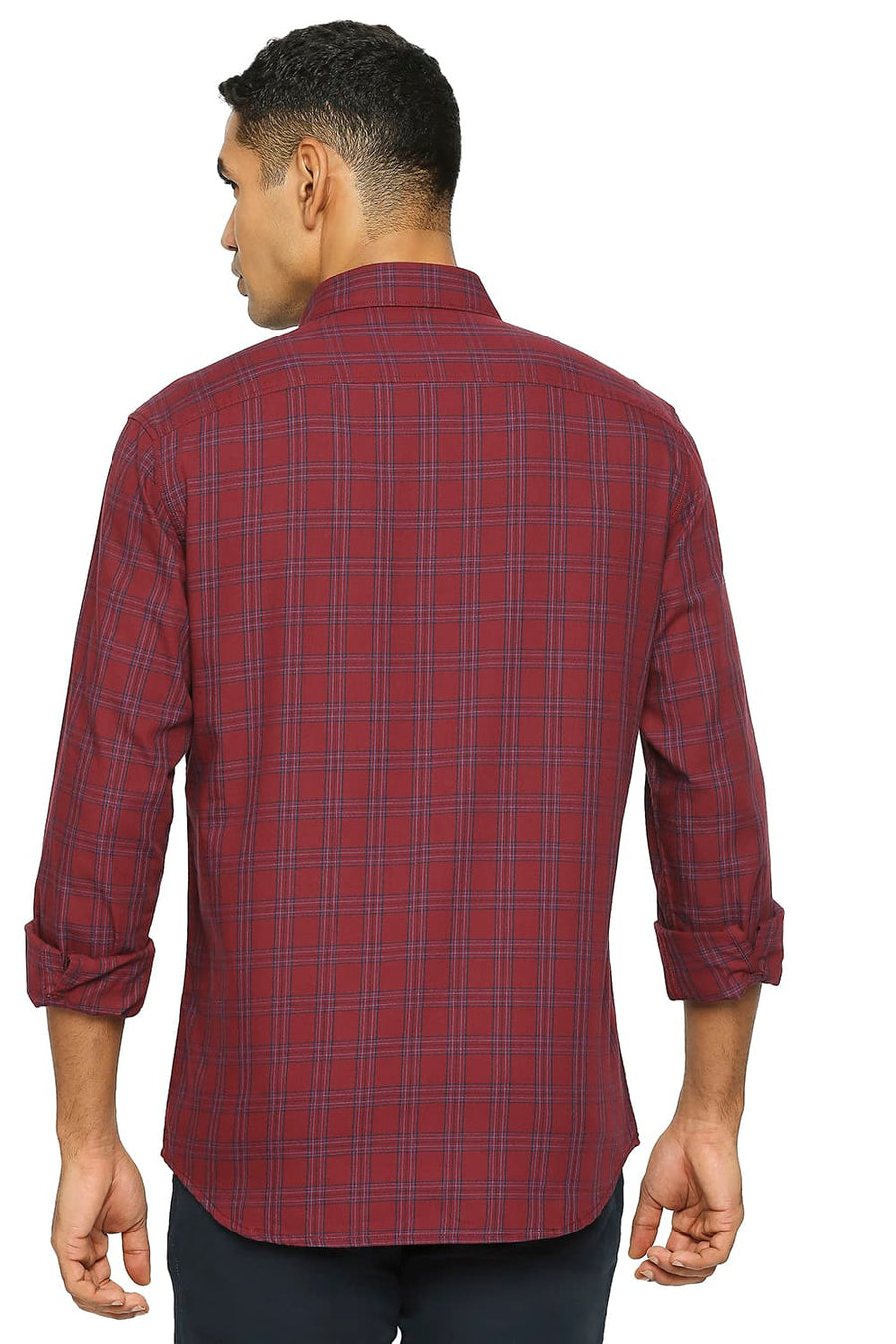 BASICS SLIM FIT TANGO RED COTTON TWILL CHECKS SHIRT