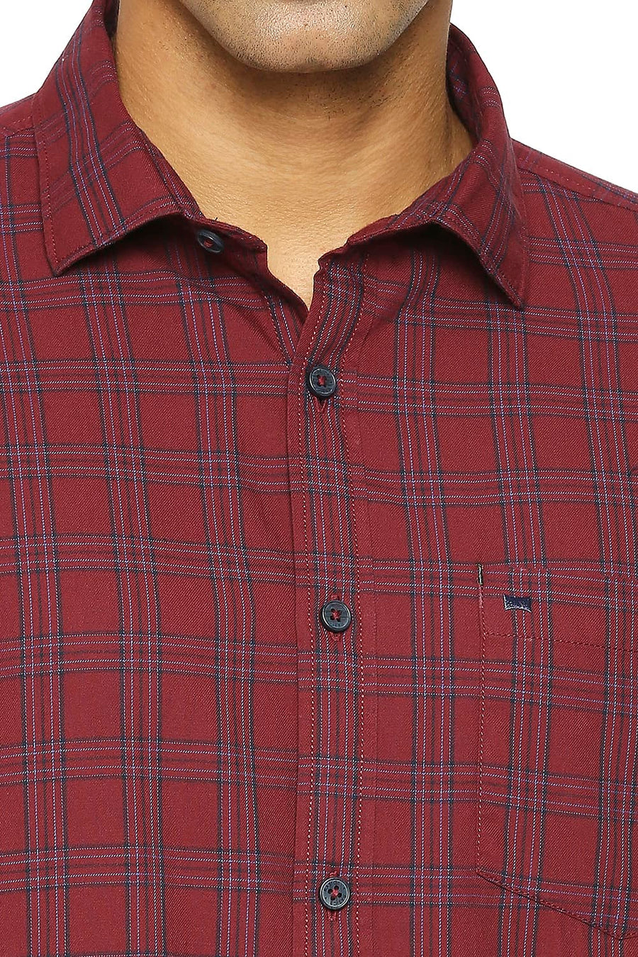 BASICS SLIM FIT TANGO RED COTTON TWILL CHECKS SHIRT