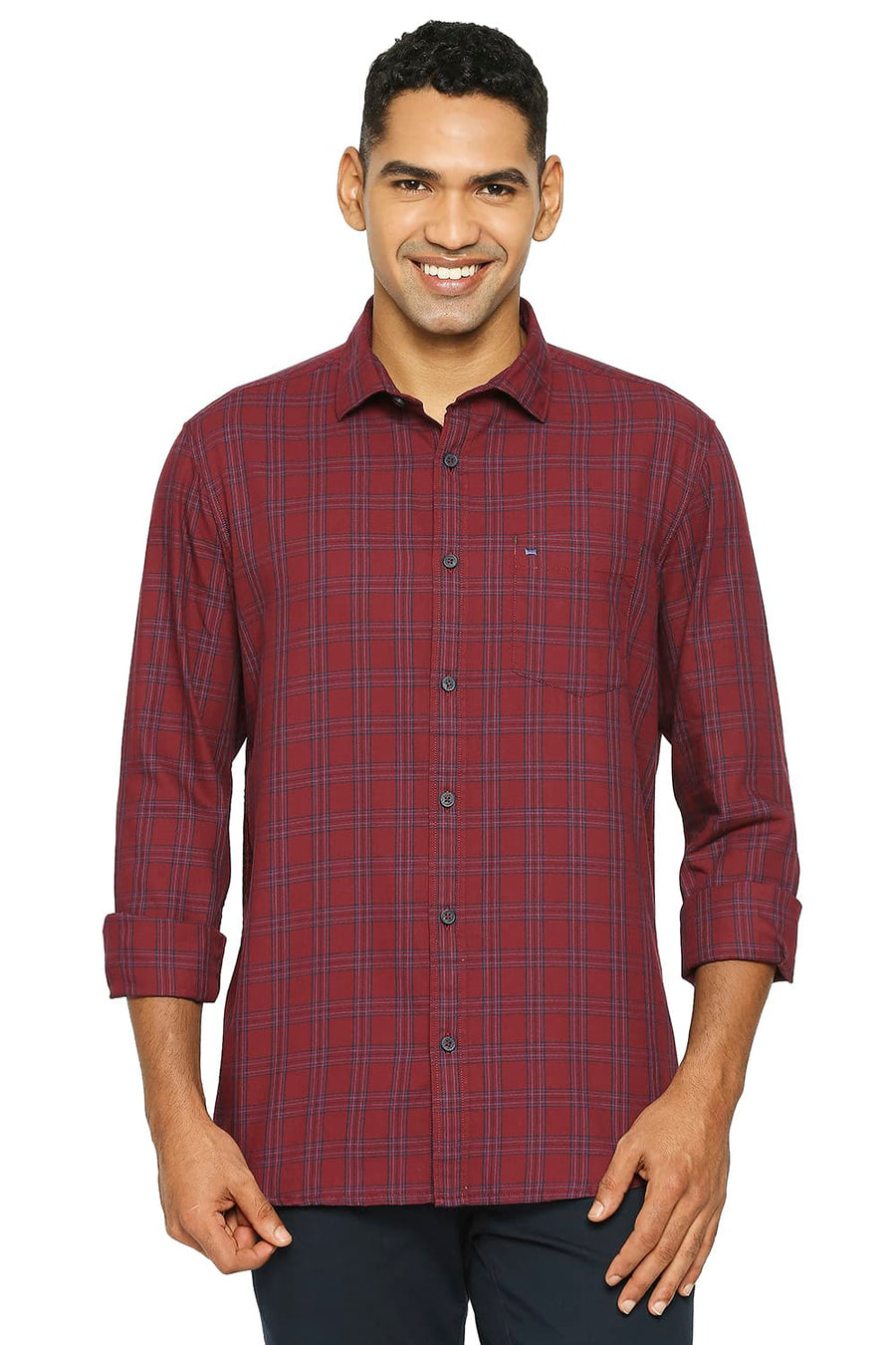 BASICS SLIM FIT TANGO RED COTTON TWILL CHECKS SHIRT