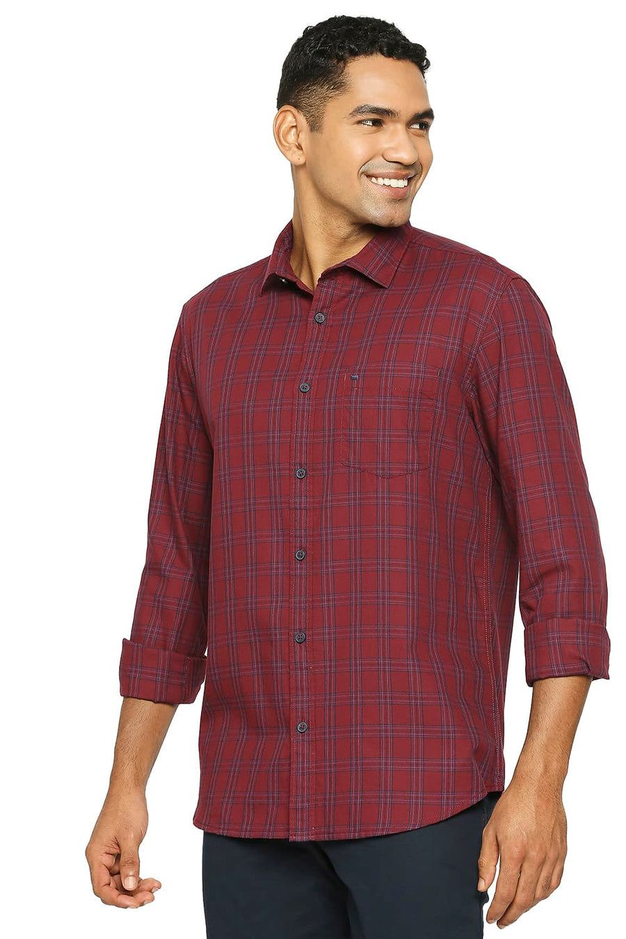 BASICS SLIM FIT TANGO RED COTTON TWILL CHECKS SHIRT