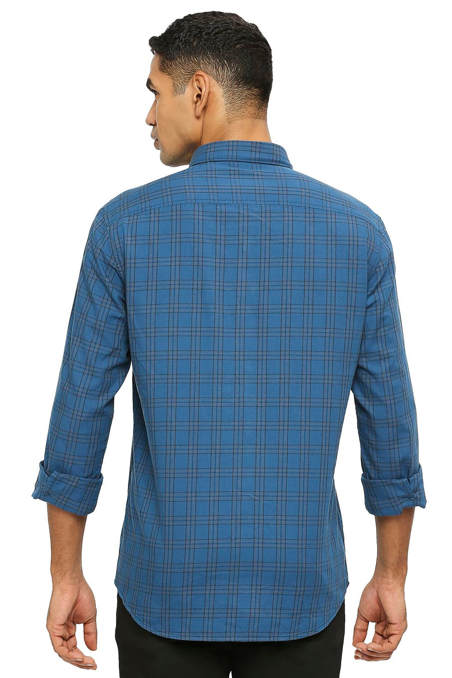 BASICS SLIM FIT POSEIDON BLUE COTTON TWILL CHECKS SHIRT