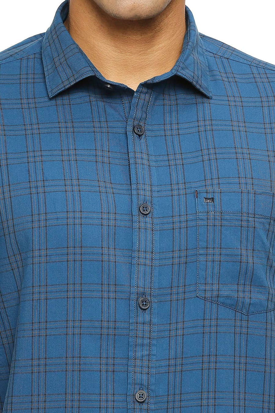 BASICS SLIM FIT POSEIDON BLUE COTTON TWILL CHECKS SHIRT